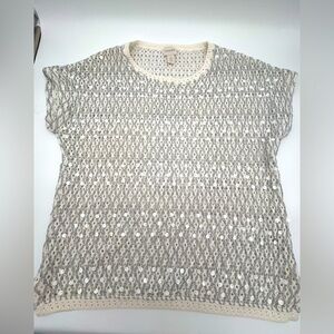 Chicos Womens Sweater Top White Sequin Silver Crochet open metallic knit Sz 2 L